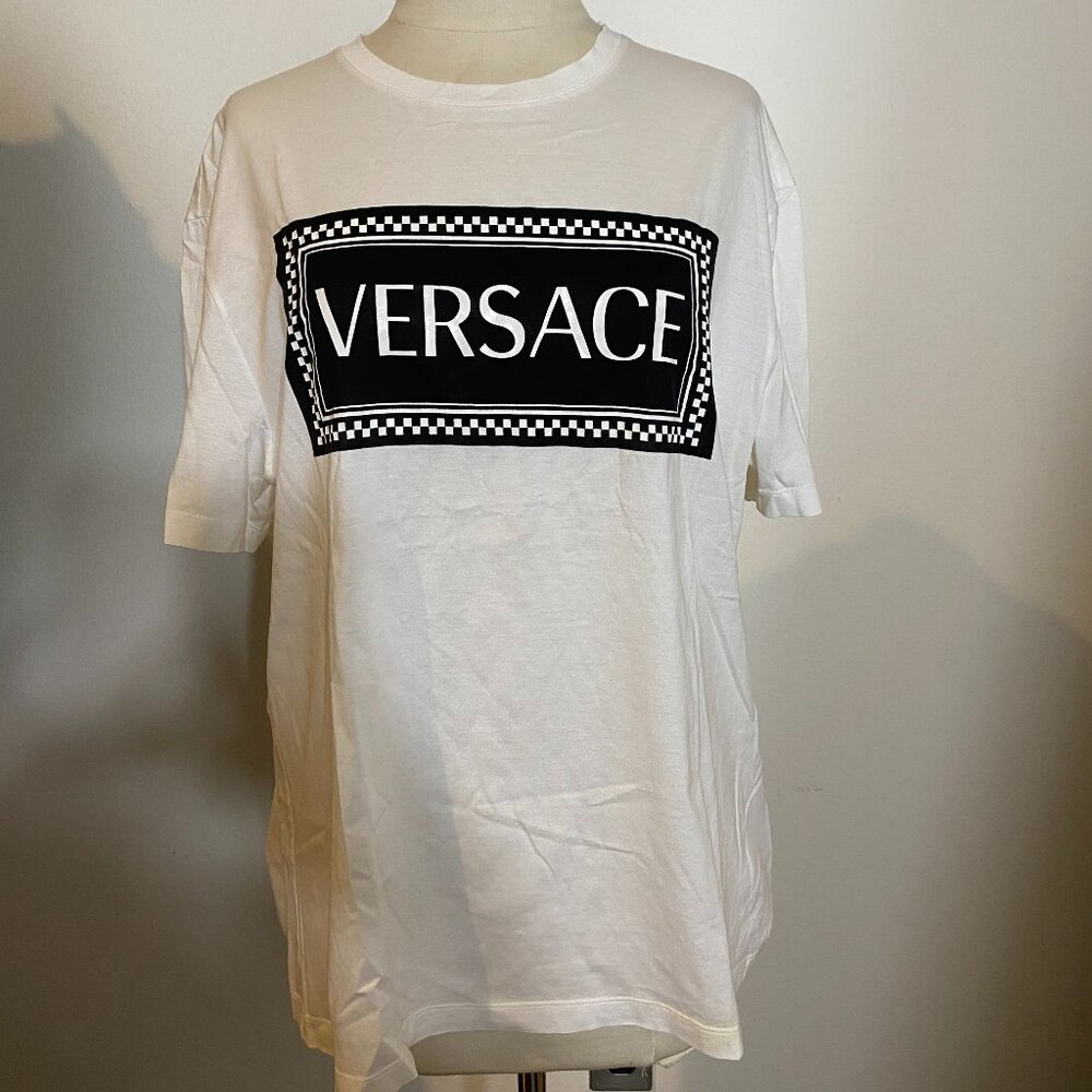 Versace White Black Logo Checkered Border Print Cotton Tee shirt